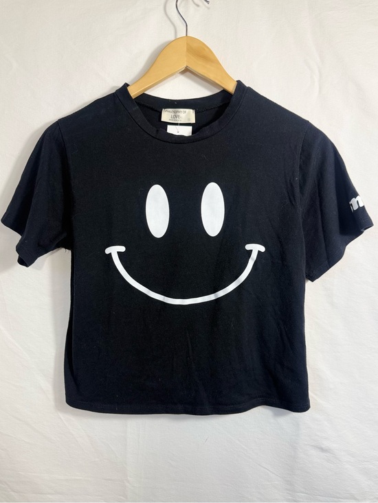 Philosophy Tops - Philosophy Black Crop Tee with White Smiley Face